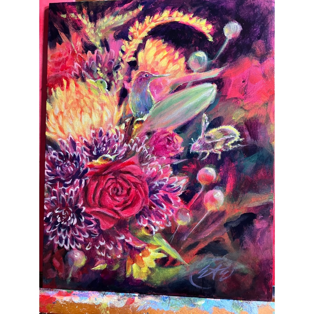 ORIGINAL hummingbird Painting Floral still life Bumblebee art red rose flowers